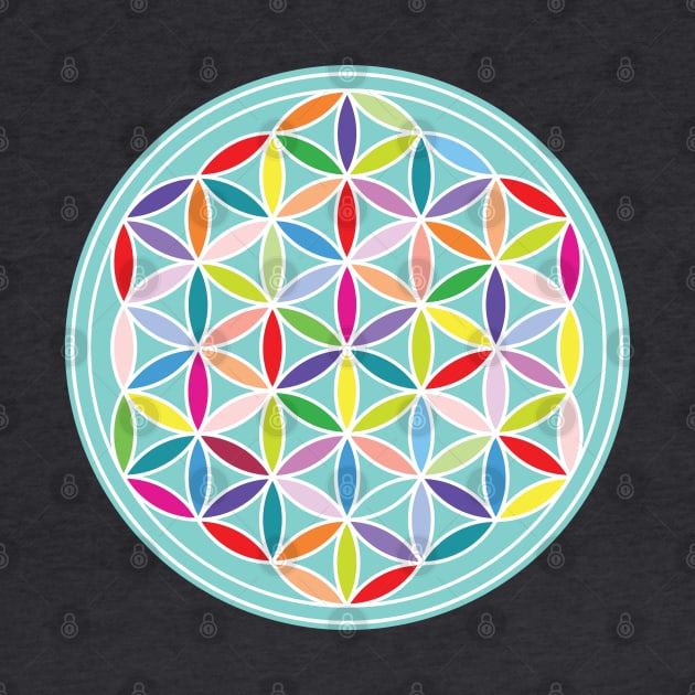 Flower of Life Multicolored on Blue by NataliePaskell